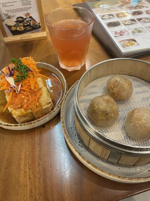 Chili crispy tofu, raspberry kombucha, mala dumplings.  at SIN - Greendot Plus - Jewel in East Singapore