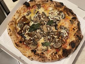 Vegan margherita with double mushrooms and double aubergines  at Sacro Dough Pizza in North West London