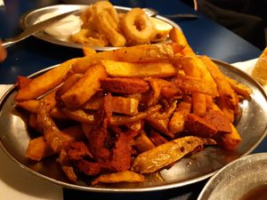 Tapas for 3: choripapas (seitan chorizo & fries) at B13 Bar in Madrid