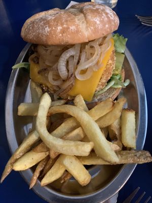 Chicken-style burger—yum!  So much better than it looks; full of flavor    at B13 Bar in Madrid