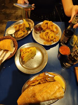 Calamari, Tortilla & Onion Rings at B13 Bar in Madrid