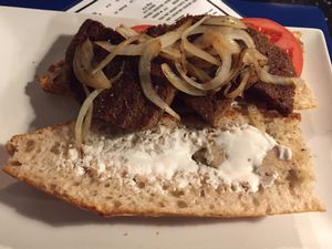 Bagueete with seitan imitation of meat. Very junk food-ish with a lot of oil, but in its own way it was good! at B13 Bar in Madrid