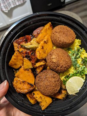 Falafel platter with roasted veggies and rice pilaf. at Josef's Gyros & Kabobs in Appleton