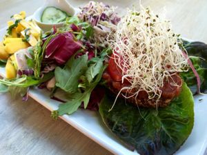 Their delicious BBQ burger.  at Rawfoodbaren in Gothenburg