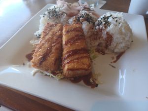 Breaded and fried tofu with white rice at The Rim in Volcano