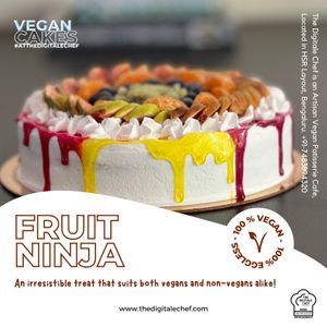 Fruit Ninja Vegan Cake, Sandwiched with Fresh Fruits & Topped with Seasonal Fruits. Available in 1kg and more. at The Digitale Chef - Vegan Patisserie Cafe in Bangalore