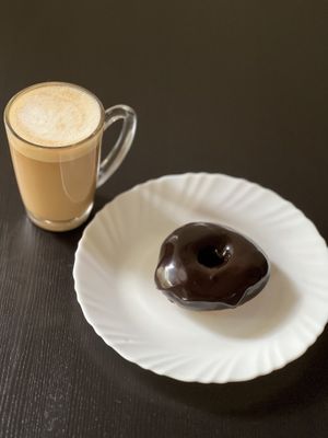 Cafe Latte with Oat Milk and Chocolate Vegan Doughnut #Veganuary at The Digitale Chef - Vegan Patisserie Cafe in Bangalore