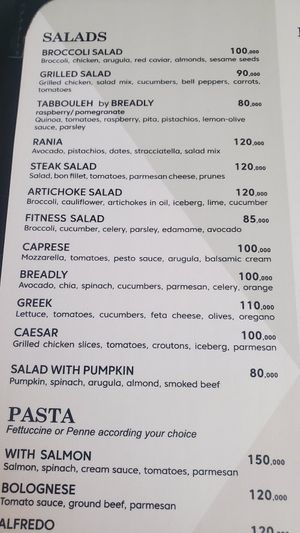 Menu at Breadly Bakery in Tashkent