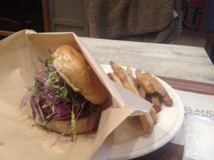 Miso BBQ burger with fries at Acai Cafe - Island Veggie in Tokyo