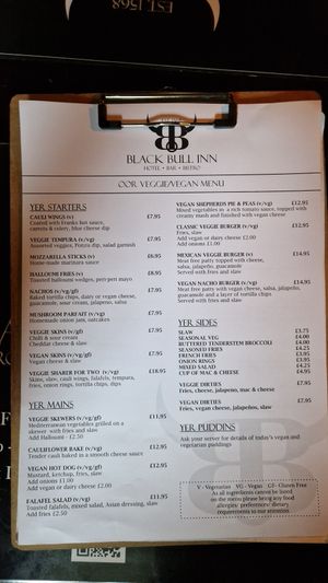 The menu at The Black Bull in Moffat