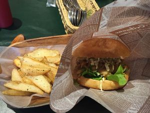 Basil “chicken” sandwich and fries  at Olu Olu Cafe in Tokyo