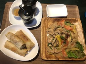 Spring rolls and coconut chicken  at Olu Olu Cafe in Tokyo
