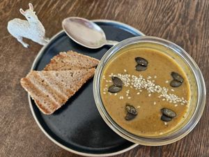 Mushroom and courgette soup with spelled bread #Veganuary at Soul's in Dusseldorf