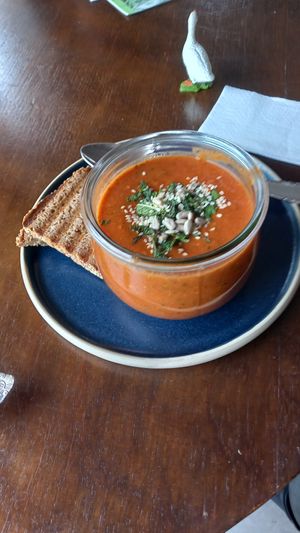 tomato-peanut soup (soup of the day) at Soul's in Dusseldorf
