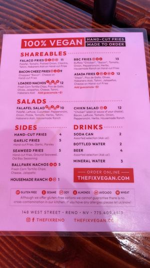 Flip side menu  at The Fix in Reno