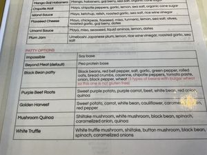 burger patty options  at RawASF in San Jose