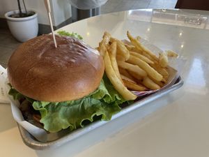 mushroom burger and baked fries  at RawASF in San Jose