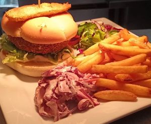Aromatic Garden Burger, Home-made Vegan Slaw, Salad, Fries and a Fried Dill Pickle at The George Inn in Braunton
