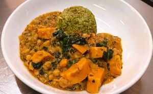 Home-made Sweet Potato, Chickpea & Spinach Curry with Mexican Green Rice at The George Inn in Braunton