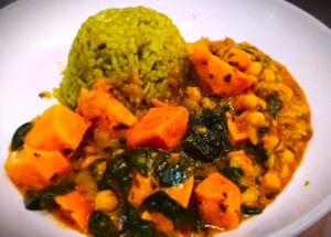 Home made Sweet Potato Chickpea & Spinach Curry with Mexican Green Rice at The George Inn in Braunton