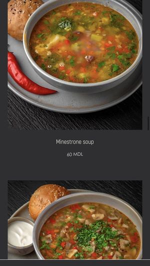 Minestrone and a mushroom and quinoa soup   at The Penthouse Cafe in Chisinau