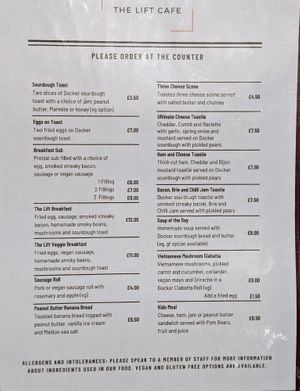 Menu example (November 2023) at The Lift Cafe in Folkestone