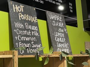 Pulp Friction’s porridge and Vampire Slayer listings. at Pulp Friction - Trafalgar on Collins in Hobart