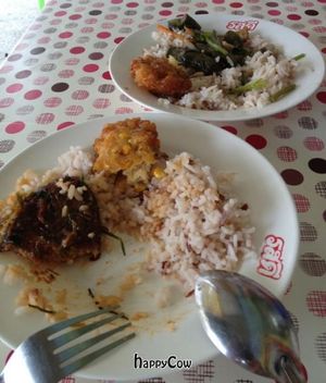 Lunch: Imitation Fishcakes, Corn Fritters, Thai veggie Curry, Brown Rice at Youta Vegetarian Food Stall in Hua Hin