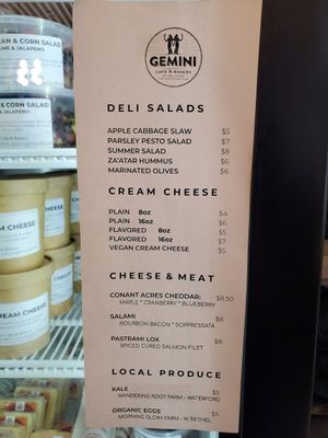 To-go case menu/price list at Gemini Cafe & Bakery in Bethel