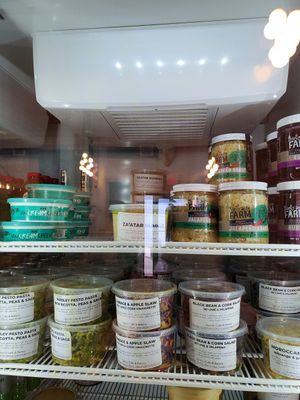 To-go vegan options for sale! Cream cheese, hummus, bean salads, etc. (check labels to verify) at Gemini Cafe & Bakery in Bethel