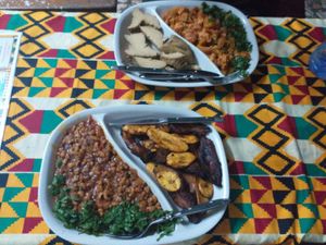 Ghanian stew + Red red with fried plantain at Emperor Ital Joint in Cape Coast