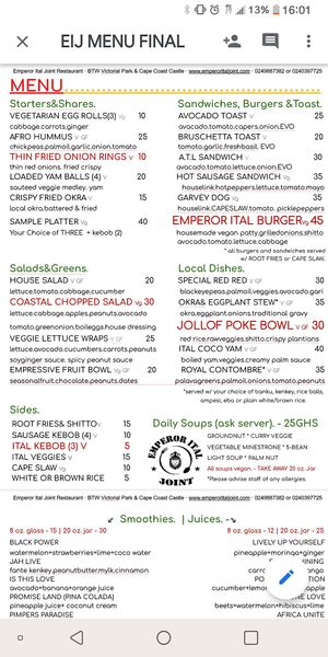 Menu Summer 2020 at Emperor Ital Joint in Cape Coast