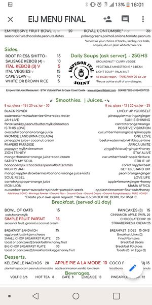 Menu Summer 2020 at Emperor Ital Joint in Cape Coast