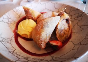 Banana and Chocolate Spring Rolls with Mango Sorbet at Whistling Kite in Secret Harbour