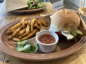 Brown rice burger and fries   at Cafe Graphy in Tokyo