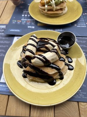 Stack of 3 with banana, chocolate, syrup   at Stack & Still in London