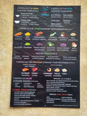 Menu of poke bowl ingredient choices, far more choice than anywhere locally which is all bread and tomato based. at Poke Manarola in Manarola