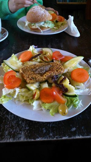 Lentil burger with salad plate. at CB1 Internet Cafe in Cambridge