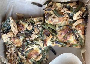 Green bean casserole sheetza 🤍🌱  at Bolivar Bread Bakery in Harpers Ferry