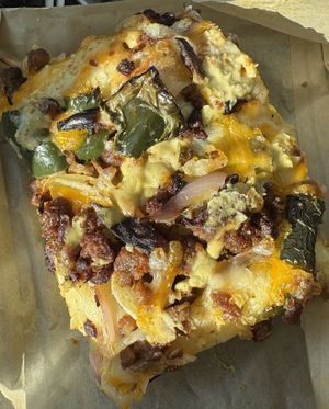 Stuffed poblano sheetza (amazing!) 🤍🌱 #Veganuary at Bolivar Bread Bakery in Harpers Ferry