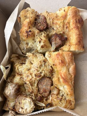 Vegan bratwurst, sauerkraut and mustard cream sheetza 🤍🌱  at Bolivar Bread Bakery in Harpers Ferry