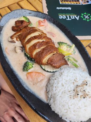 Duftreis mit Gemüse in Erdnusssoße und knusprige "Ente" at AnTee Vegan in Hamburg