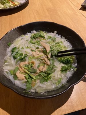 Phô with seitan. Hardly any vegetables and lacks flavour. I put some extra soy sauce and sriracha in it, but didn’t do much. It was still an okay soup.   at AnTee Vegan in Hamburg