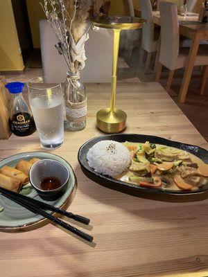 Mini spring rolls and red curry with tofuu  at AnTee Vegan in Hamburg