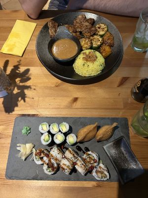 The “Grillteller” (super tasty!) and individually picked sushi: vegan duck inside-out roll, avocado maki and inari nigiri (also very good)  at AnTee Vegan in Hamburg