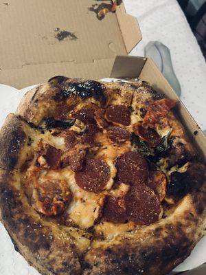 Vegan Peperoni, got a little shaken at transport   at Yukon Pizza in Las Vegas