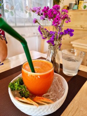 Apple+carrot+ginger cold press juice. at Sunflower Smoothies and Coffee in Chiang Mai