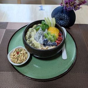 Blueberry lemon smoothie bowl add on granola. at Sunflower Smoothies and Coffee in Chiang Mai