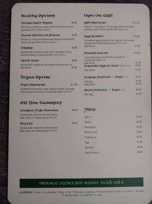 Breakfast menu as of August 2024 at The Shire in Killarney