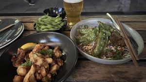 Veggie Gyoza Salad, Cauliflower Karaage, Edamame and Pale Ale. $40  at Harajuku Gyoza in Sydney